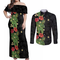 Hawaiian Hibiscus Plumeria Couples Matching Off Shoulder Maxi Dress and Long Sleeve Button Shirt Tropical Leaves LT01 Black - Polynesian Pride