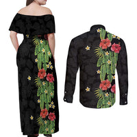 Hawaiian Hibiscus Plumeria Couples Matching Off Shoulder Maxi Dress and Long Sleeve Button Shirt Tropical Leaves LT01 - Polynesian Pride