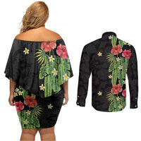 Hawaiian Hibiscus Plumeria Couples Matching Off Shoulder Short Dress and Long Sleeve Button Shirt Tropical Leaves LT01 - Polynesian Pride