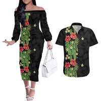 Hawaiian Hibiscus Plumeria Couples Matching Off The Shoulder Long Sleeve Dress and Hawaiian Shirt Tropical Leaves