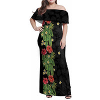 Hawaiian Hibiscus Plumeria Family Matching Off Shoulder Maxi Dress and Hawaiian Shirt Tropical Leaves LT01 Mom's Dress Black - Polynesian Pride