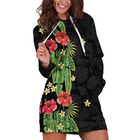 Hawaiian Hibiscus Plumeria Hoodie Dress Tropical Leaves LT01 Black - Polynesian Pride