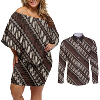 Yogyakarta Parang Batik Motifs Couples Matching Off Shoulder Short Dress and Long Sleeve Button Shirt Indonesian Traditional Pattern LT01 Brown - Polynesian Pride
