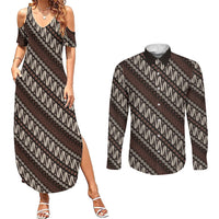 Yogyakarta Parang Batik Motifs Couples Matching Summer Maxi Dress and Long Sleeve Button Shirt Indonesian Traditional Pattern LT01 Brown - Polynesian Pride