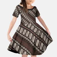 Yogyakarta Parang Batik Motifs Family Matching Tank Maxi Dress and Hawaiian Shirt Indonesian Traditional Pattern LT01 Daughter's Dress Brown - Polynesian Pride