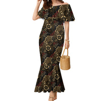 Batik Sekar Jagad Family Matching Mermaid Dress and Hawaiian Shirt Indonesian Traditional Pattern LT01 Mom's Dress Black - Polynesian Pride