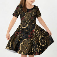 Batik Sekar Jagad Kid Short Sleeve Dress Indonesian Traditional Pattern LT01 KID Black - Polynesian Pride