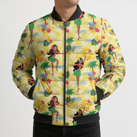 Hawaii Hula Girl Tropical Bomber Puffer Jacket Yellow Palaka