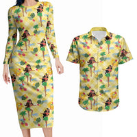 Hawaii Hula Girl Tropical Couples Matching Long Sleeve Bodycon Dress and Hawaiian Shirt Yellow Palaka