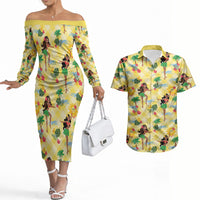 Hawaii Hula Girl Tropical Couples Matching Off The Shoulder Long Sleeve Dress and Hawaiian Shirt Yellow Palaka