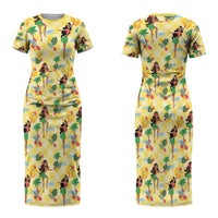 Hawaii Hula Girl Tropical Couples Matching Short Sleeve Bodycon Dress and Long Sleeve Button Shirt Yellow Palaka
