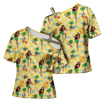 Hawaii Hula Girl Tropical Cross Shoulder Shirt Yellow Palaka