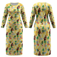 Hawaii Hula Girl Tropical Family Matching Long Sleeve Bodycon Dress and Hawaiian Shirt Yellow Palaka