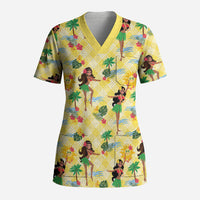 Hawaii Hula Girl Tropical Scrub Top Yellow Palaka