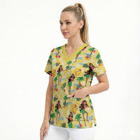 Hawaii Hula Girl Tropical Scrub Top Yellow Palaka