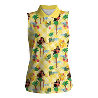Hawaii Hula Girl Tropical Women Sleeveless Polo Shirt Yellow Palaka
