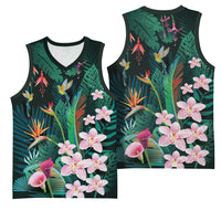 Hawaii Hummingbird Tropical Flowers Basketball Jersey Dark Green