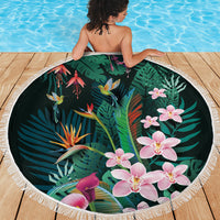Hawaii Hummingbird Tropical Flowers Beach Blanket Dark Green