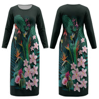 Hawaii Hummingbird Tropical Flowers Couples Matching Long Sleeve Bodycon Dress and Hawaiian Shirt Dark Green