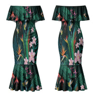 Hawaii Hummingbird Tropical Flowers Couples Matching Mermaid Dress and Hawaiian Shirt Dark Green