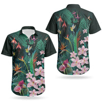 Hawaii Hummingbird Tropical Flowers Couples Matching Puletasi and Hawaiian Shirt Dark Green