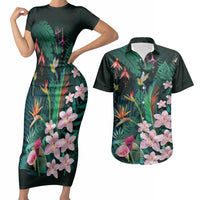 Hawaii Hummingbird Tropical Flowers Couples Matching Short Sleeve Bodycon Dress and Hawaiian Shirt Dark Green