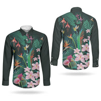 Hawaii Hummingbird Tropical Flowers Couples Matching Summer Maxi Dress and Long Sleeve Button Shirt Dark Green