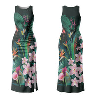 Hawaii Hummingbird Tropical Flowers Couples Matching Tank Maxi Dress and Long Sleeve Button Shirt Dark Green