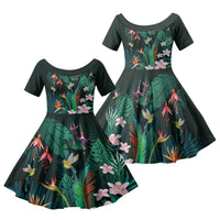 Hawaii Hummingbird Tropical Flowers Family Matching Off Shoulder Short Dress and Hawaiian Shirt Dark Green