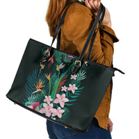 Hawaii Hummingbird Tropical Flowers Leather Tote Bag Dark Green