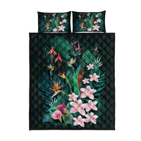Hawaii Hummingbird Tropical Flowers Quilt Bed Set Dark Green
