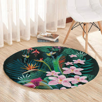 Hawaii Hummingbird Tropical Flowers Round Carpet Dark Green