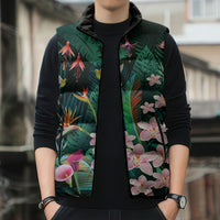 Hawaii Hummingbird Tropical Flowers Sleeveless Puffer Jacket Dark Green