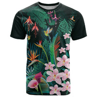 Hawaii Hummingbird Tropical Flowers T Shirt Dark Green