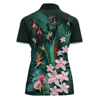 Hawaii Hummingbird Tropical Flowers Women Polo Shirt Dark Green