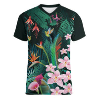 Hawaii Hummingbird Tropical Flowers Women V-Neck T-Shirt Dark Green