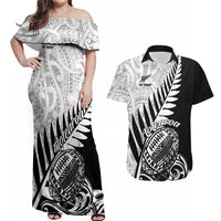 New Zealand Silver Fern Rugby Couples Matching Off Shoulder Maxi Dress and Hawaiian Shirt Aotearoa Maori Black Version LT01 Black - Polynesian Pride