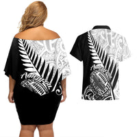 New Zealand Silver Fern Rugby Couples Matching Off Shoulder Short Dress and Hawaiian Shirt Aotearoa Maori Black Version LT01 - Polynesian Pride