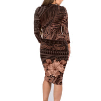 Bula Fiji Masi Family Matching Long Sleeve Bodycon Dress and Hawaiian Shirt Fijian Tapa Vintage Dark Brown Version LT01 - Polynesian Pride