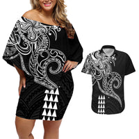 Hawaii Valentine Couples Matching Off Shoulder Short Dress and Hawaiian Shirt Kakau Polynesian Heart LT01 Black - Polynesian Pride