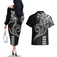 Hawaii Valentine Couples Matching Off The Shoulder Long Sleeve Dress and Hawaiian Shirt Kakau Polynesian Heart LT01 - Polynesian Pride