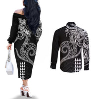 Hawaii Valentine Couples Matching Off The Shoulder Long Sleeve Dress and Long Sleeve Button Shirt Kakau Polynesian Heart LT01 - Polynesian Pride