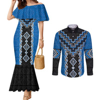 Blue Niho Taniwha Mix Poutama Couples Matching Mermaid Dress and Long Sleeve Button Shirt Unique Taniko Aotearoa