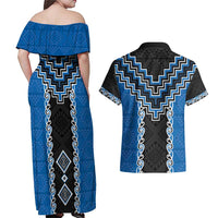 Blue Niho Taniwha Mix Poutama Couples Matching Off Shoulder Maxi Dress and Hawaiian Shirt Unique Taniko Aotearoa LT01 - Polynesian Pride