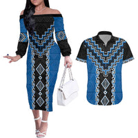 Blue Niho Taniwha Mix Poutama Couples Matching Off The Shoulder Long Sleeve Dress and Hawaiian Shirt Unique Taniko Aotearoa