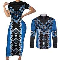 Blue Niho Taniwha Mix Poutama Couples Matching Short Sleeve Bodycon Dress and Long Sleeve Button Shirt Unique Taniko Aotearoa LT01 Blue - Polynesian Pride