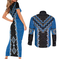 Blue Niho Taniwha Mix Poutama Couples Matching Short Sleeve Bodycon Dress and Long Sleeve Button Shirt Unique Taniko Aotearoa LT01 - Polynesian Pride