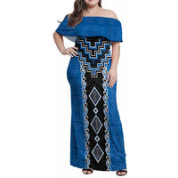 Blue Niho Taniwha Mix Poutama Family Matching Off Shoulder Maxi Dress and Hawaiian Shirt Unique Taniko Aotearoa LT01 Mom's Dress Blue - Polynesian Pride