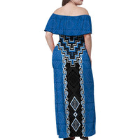 Blue Niho Taniwha Mix Poutama Family Matching Off Shoulder Maxi Dress and Hawaiian Shirt Unique Taniko Aotearoa LT01 - Polynesian Pride