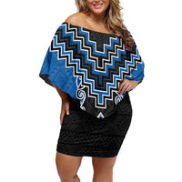 Blue Niho Taniwha Mix Poutama Off Shoulder Short Dress Unique Taniko Aotearoa